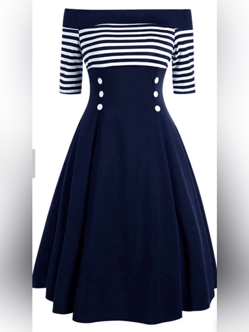 Retro Nautical Off-Shoulder Navy and White Striped Fit-and-Flare Dress